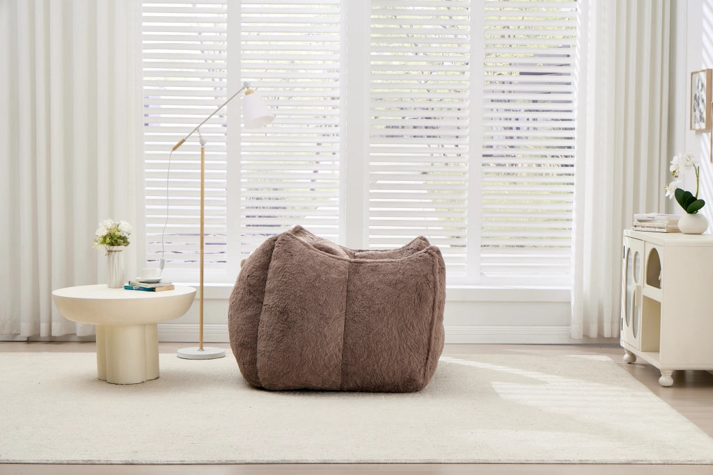 Fauteuil pouf in pelliccia sintetica con schienale ergonomico e imbottitura in schiuma, per salotto e camera da letto, khaki