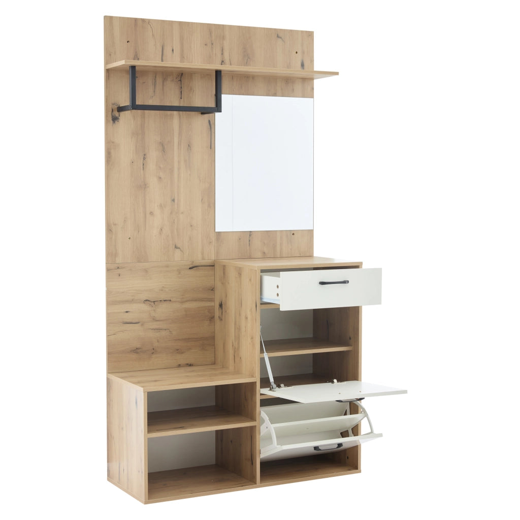 Set Ingresso con Specchio, Scarpiera, Panca e Appendiabiti ¨C MINIMAL ¨C Bianco/Legno, 100x38.5x190