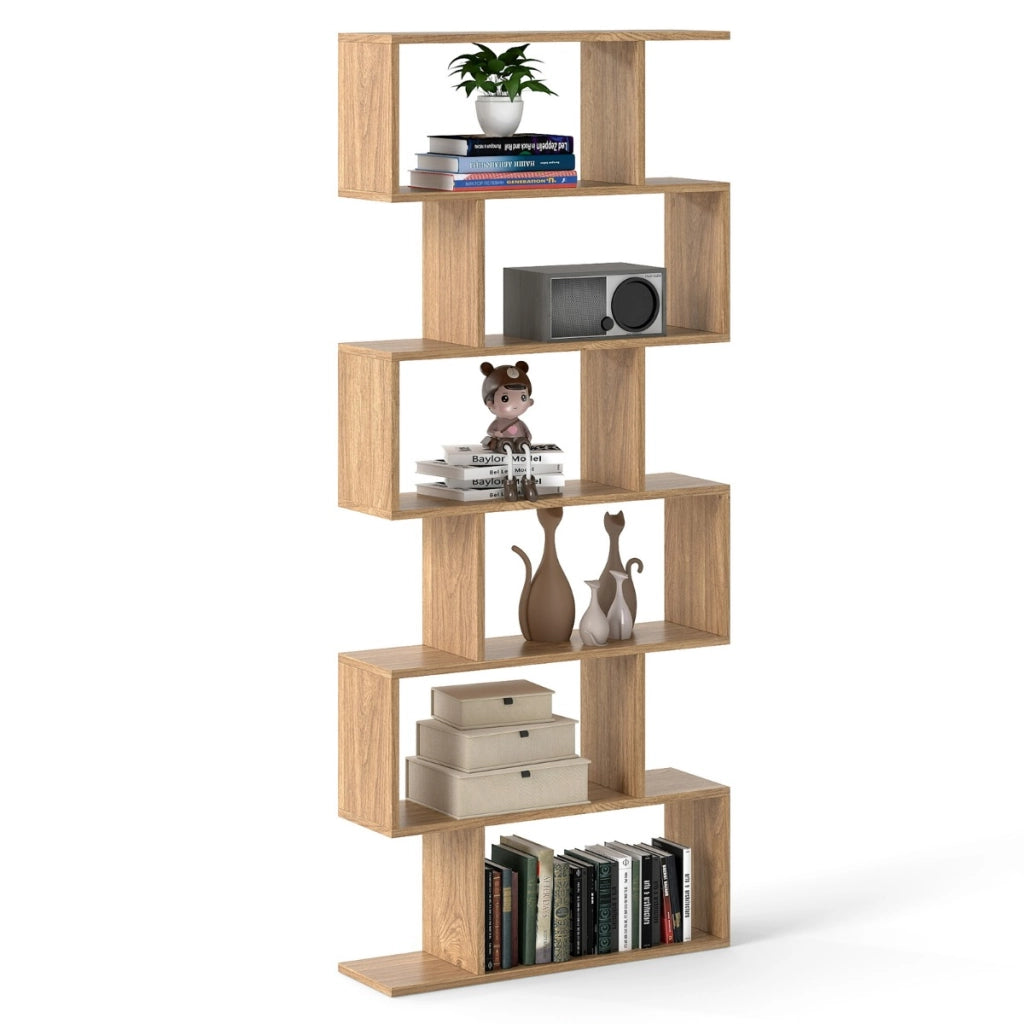 Libreria a 6 livelli a forma di S con dispositivo antiribaltamento-Scaffale di legno per casa e ufficio Legno naturale