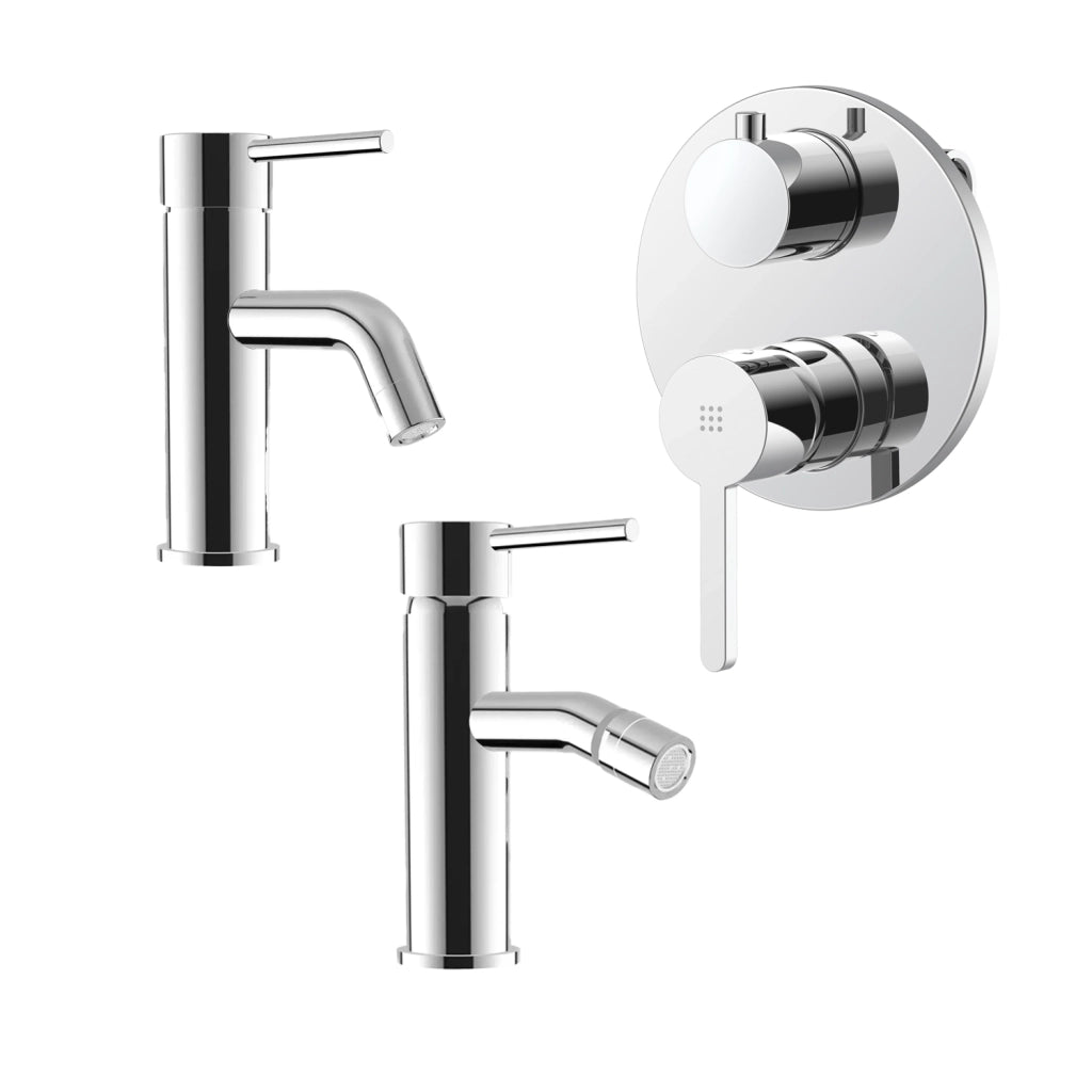 Set miscelatore lavabo e bidet senza scarico ed incasso doccia con deviatore in ottone cromato | Ava