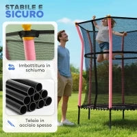 Tappeto Elastico per Bambini con Ingresso a Cerniera e Pali Imbottiti, in Acciaio, PP e EPE, Ø163.5x190 cm, Rosa