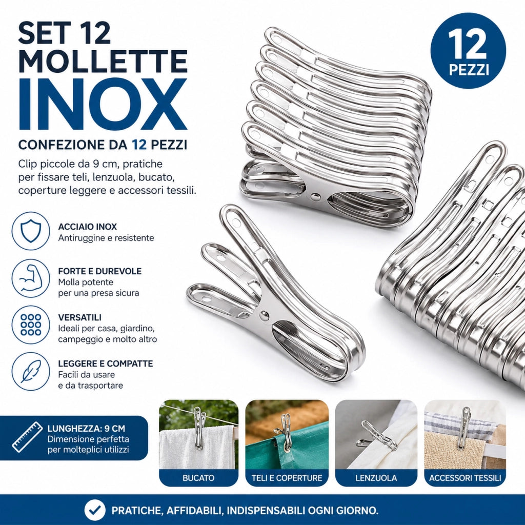 Set 12 Mollette Acciaio Inox 9 cm per Teli, Coperte, Bucato 72804