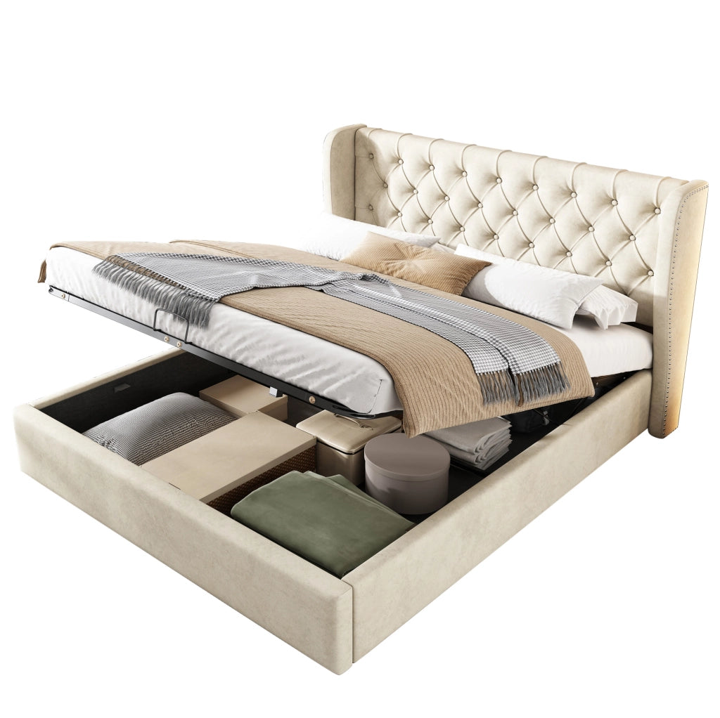 Letto imbottito Chesterfield 140x200 in velluto con contenitore; beige