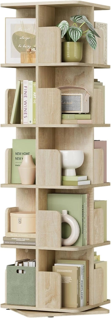 Libreria Girevole a 5 Livelli, Libreria Alta e Stretta, Scaffale d'Angolo a Pavimento, Scaffale Girevole per Libri, Rovere Chiaro