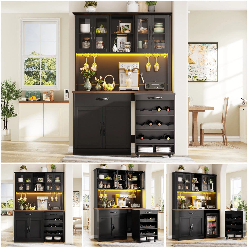 Mobile Credenza con LED e Portabottiglie ¨C MINIMAL ¨C Bianco/Nero/Legno