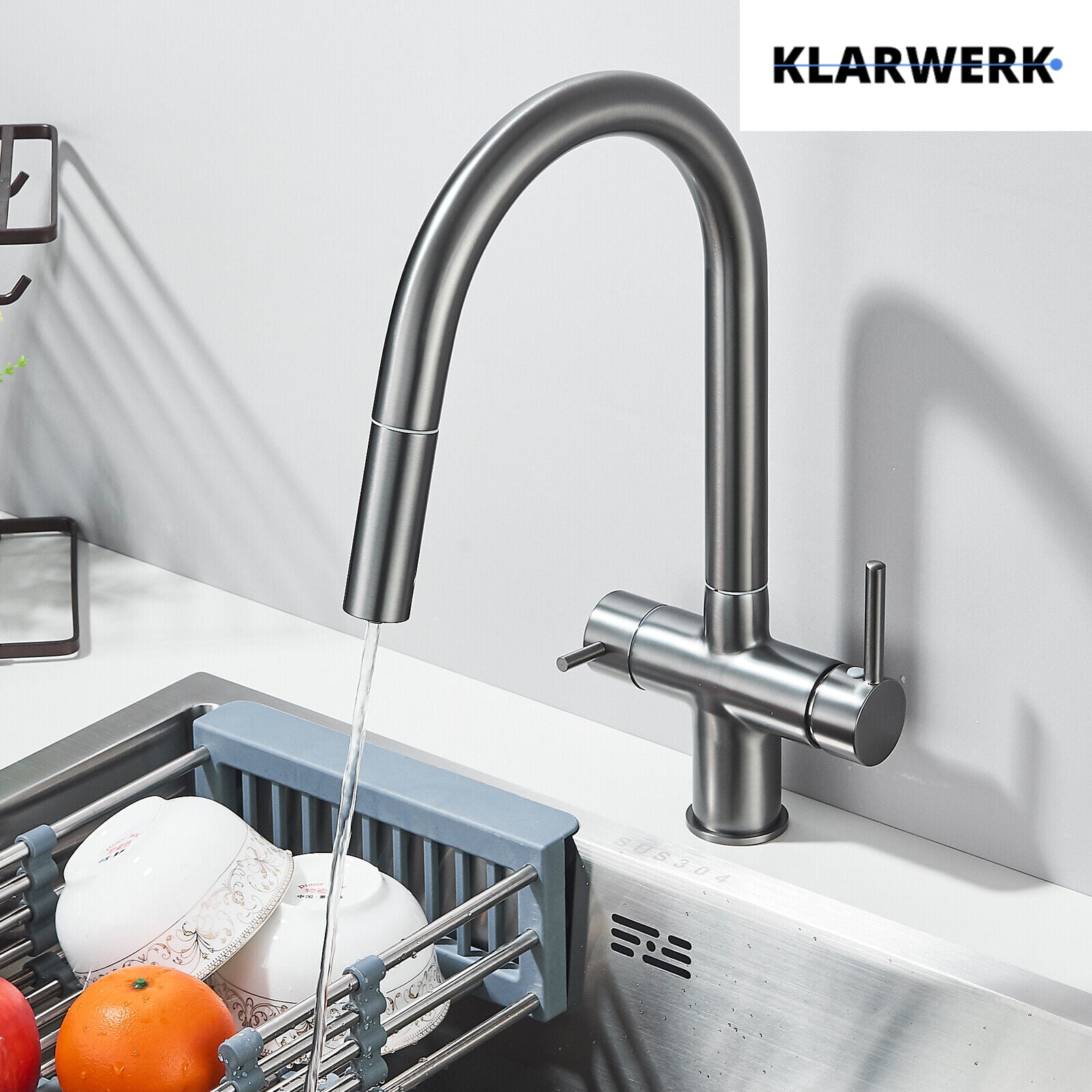 Jana | Raccordo estensibile premium a 3 vie grigio titanio opaco | Rubinetto osmosi da cucina in acciaio inox |. Filtro 3 connessioni ad arco alto