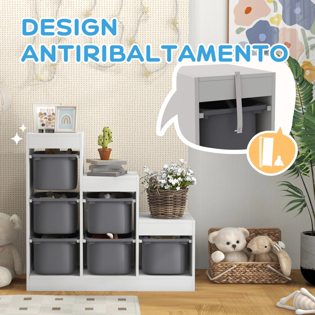 Scaffale Portagiochi per Bambini a 3 Livelli 6 Contenitori 96x38,5x90 cm Grigio