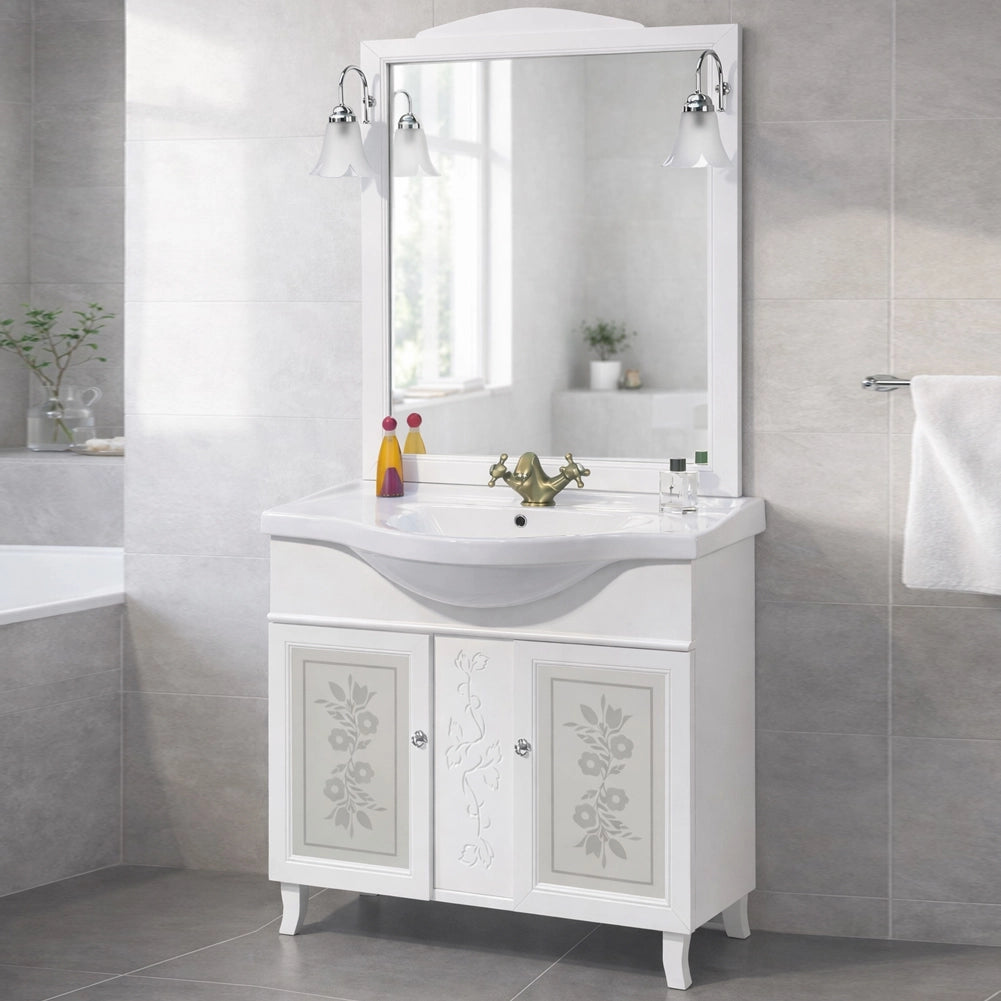 Mobile Da Bagno Bianco Completo Modello Giada Ante Vetro 105cm Legno con Specchio