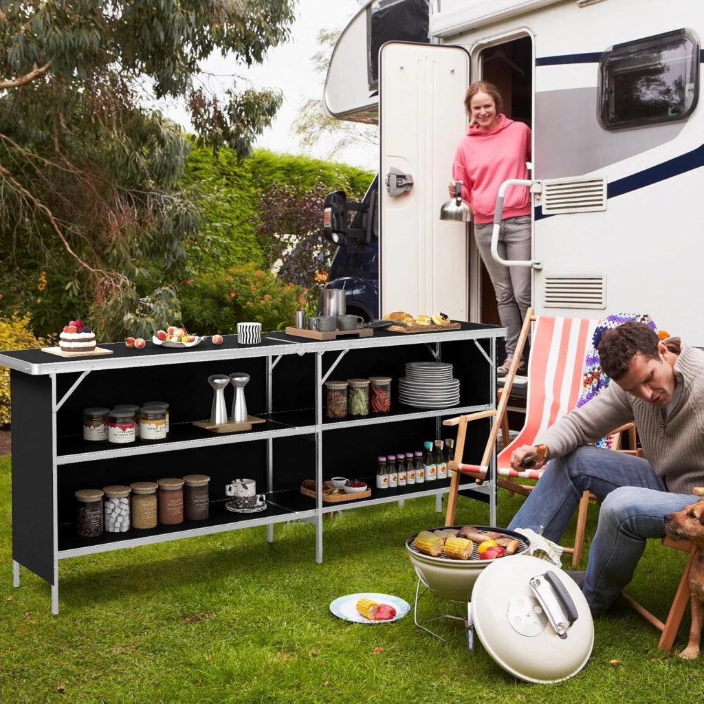 Cucina da campeggio con 3 livelli, pieghevole con borsa per il trasporto, tavolo da picnic pieghevole in alluminio, tavolo pieghevole per picnic, barbecue, feste (nero esteso)