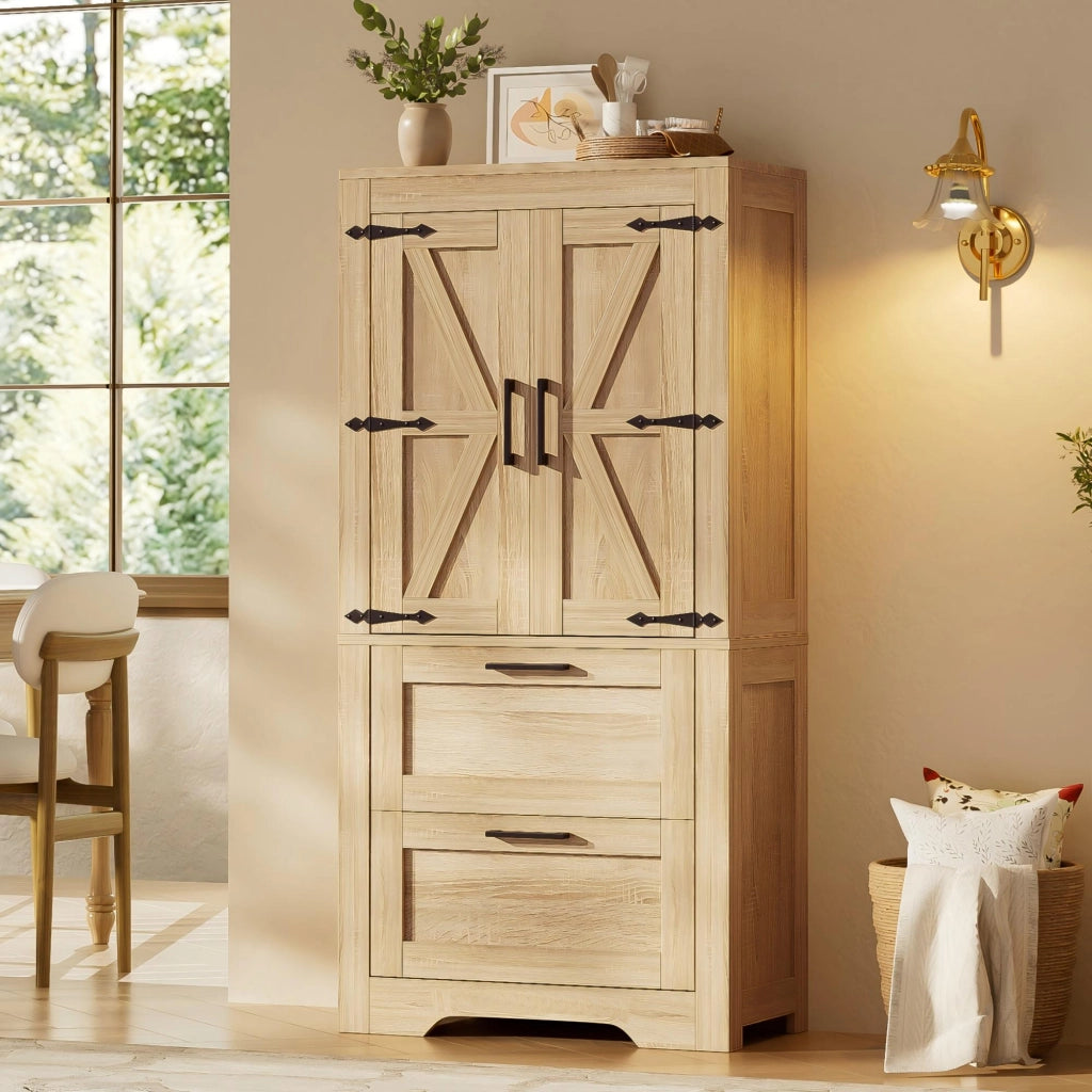 Credenza con 2 cassetti e ripiani regolabili in stile rustico per cucina, sala da pranzo e soggiorno in MDF naturale