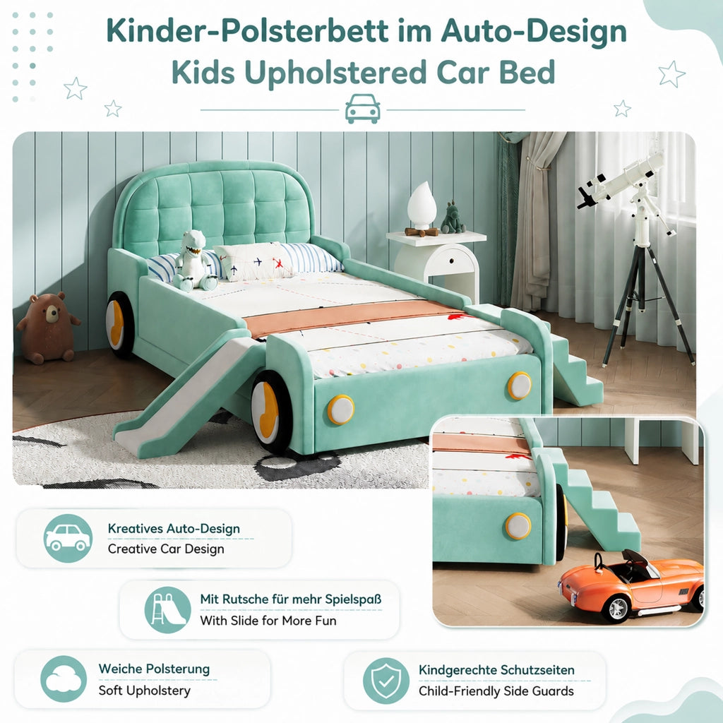 Letto per bambini 90 × 200 cm a forma di auto con scivolo e scala reversibili, senza materasso, velluto blu-verde