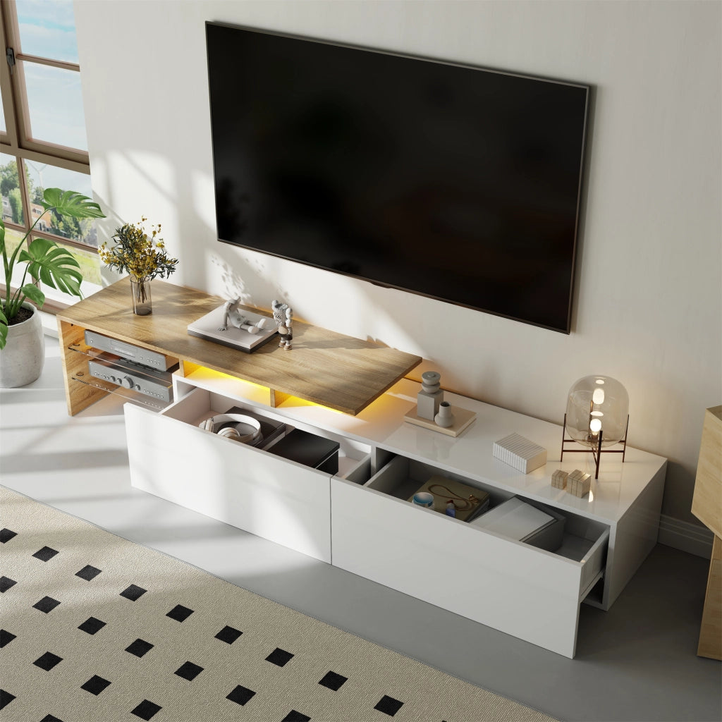 Mobile TV 170x33x33.5 cm; ripiani in vetro e LED a 16 colori; pannello truciolare; bianco e naturale