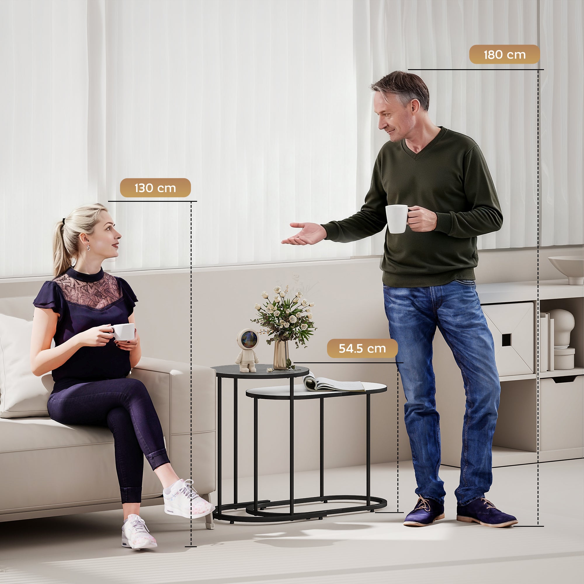 Set 2 Tavolini da Salotto Impilabili con Telaio in Metallo Grigio e Bianco