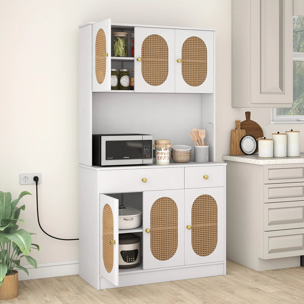 Credenza boho soggiorno 6 ante rattan 2 cassetti vetrina dispensa-Credenza metallo indipendente 180cm Bianco