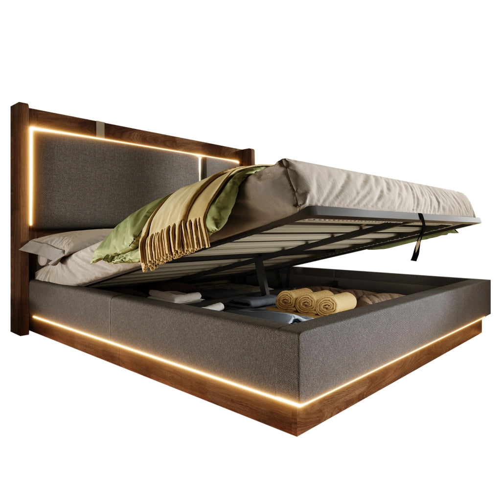 Letto matrimoniale imbottito 180x200 cm con LED e vano contenitore