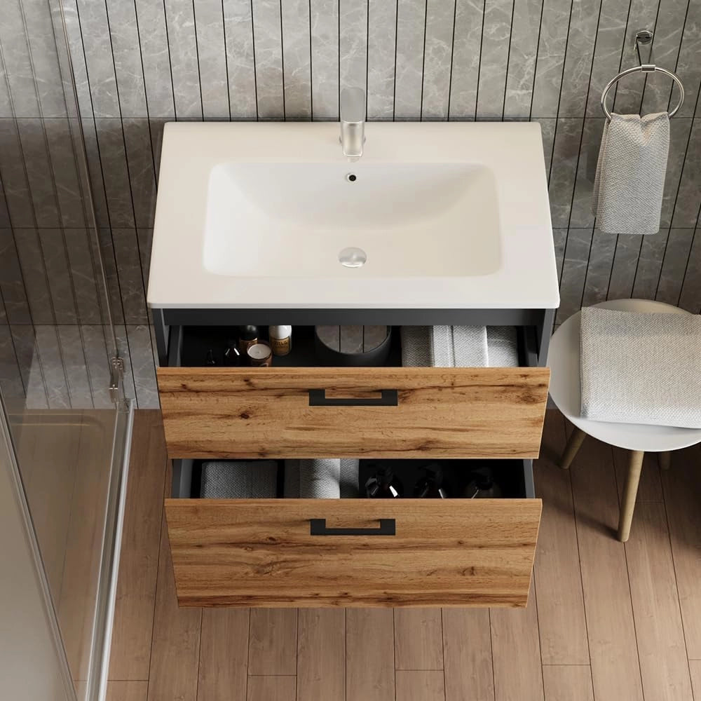 Set di mobili da bagno Lanco, Antracite/quercia dorata, 61 x 61.5 cm con lavabo, composto da mobile sottolavabo e lavabo