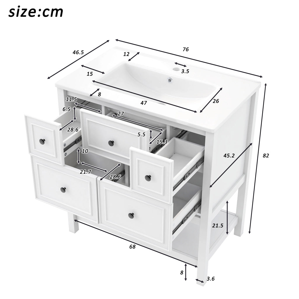 Mobile sottolavabo con lavabo in ceramica e 5 cassetti - per bagno - 76×46.5×82 cm - bianco