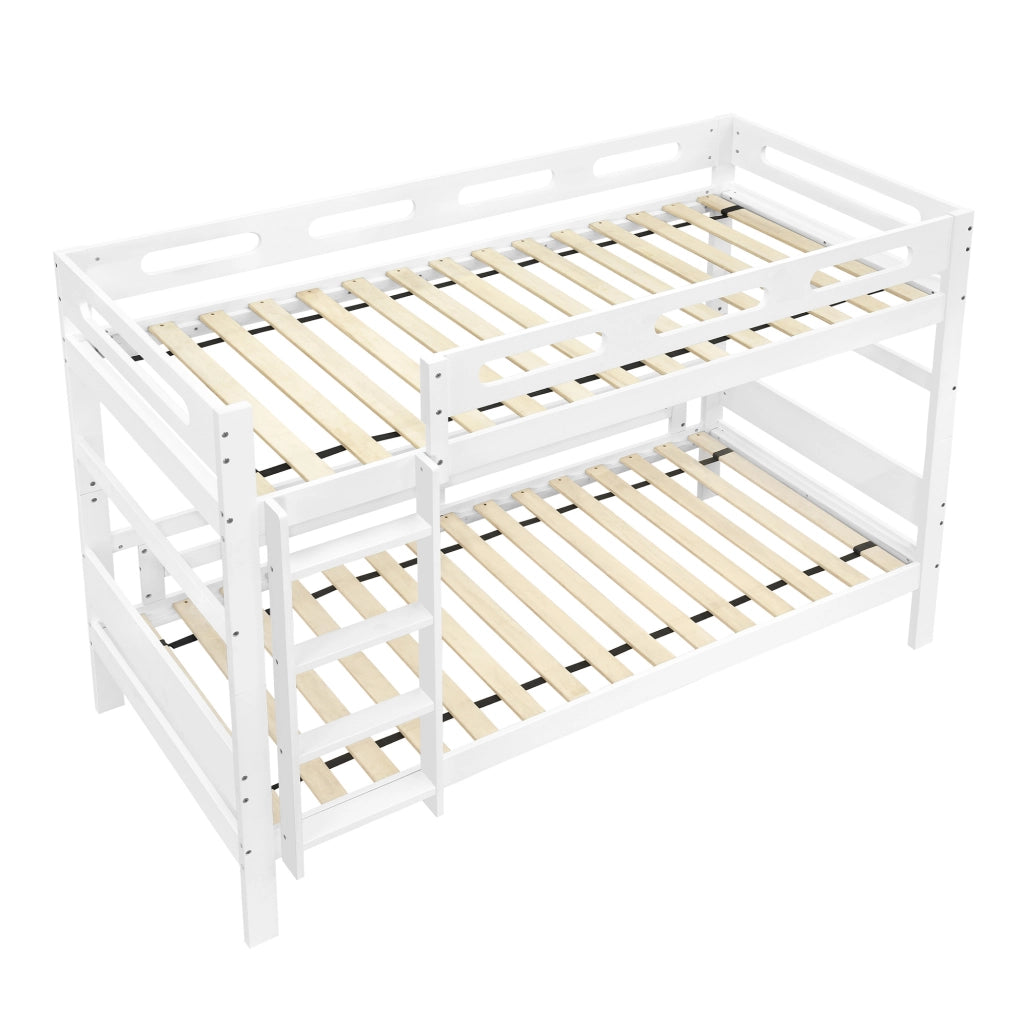 Letto a castello 90x200 cm con scala e barriera di sicurezza in legno bianco
