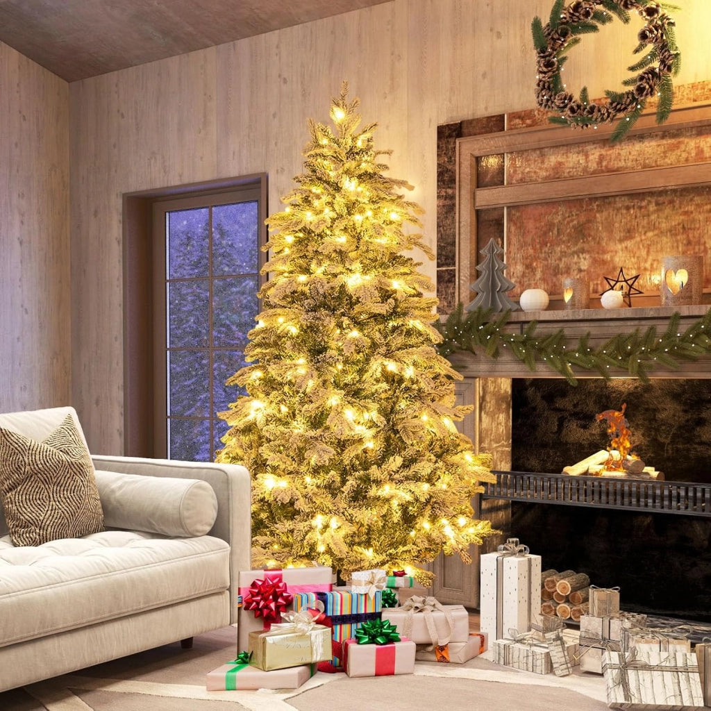 Albero di Natale Innevato 135/180/210 CM, Albero di Natale Artificiale Pre-Illuminato con 120/260/300 Luci LED, 757/1415/1684 Punte e Giunti a Cerniera (180 cm)