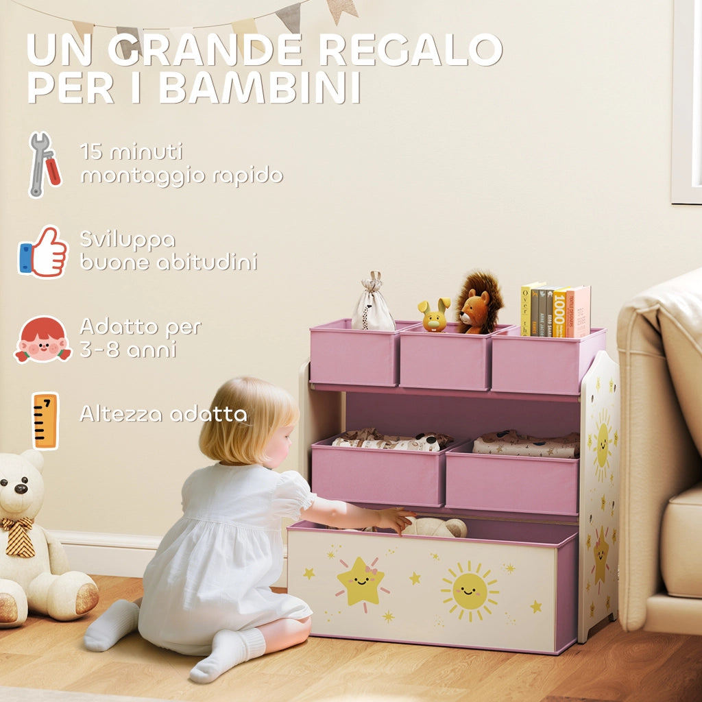 Scaffale Portagiochi 63x30x66 cm a 3 Livelli 6 Cesti in Tessuto Non Tessuto Rosa