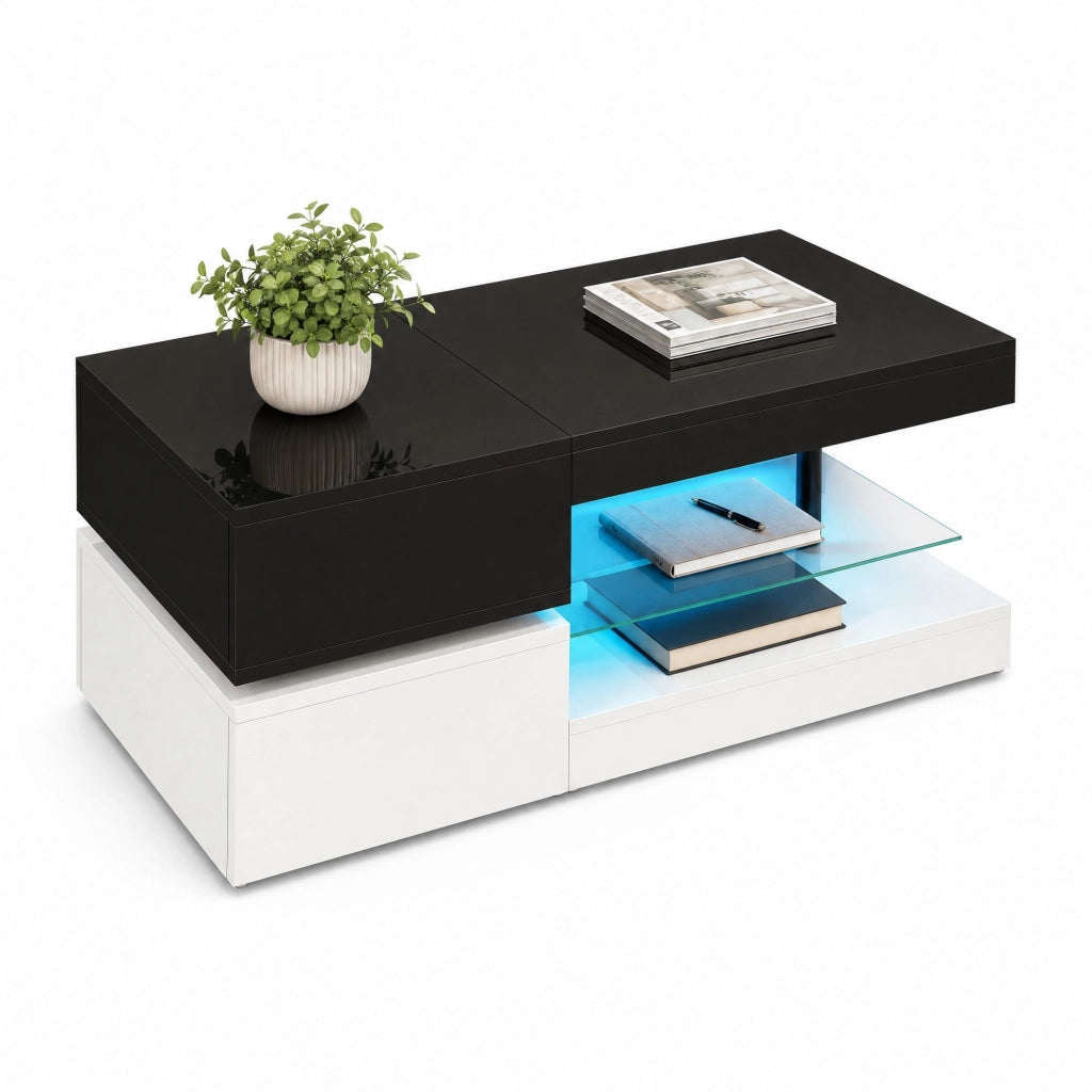 TAVOLINO da salotto LED 90x45x35,5 cm Bianco/Nero in pannello truciolare e vetro