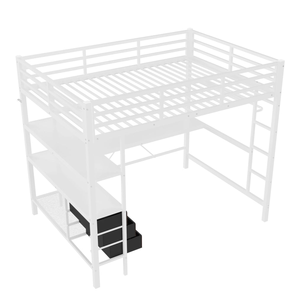 Letto a soppalco 140x200 cm con scrivania; LED; cassetti in metallo e MDF bianco