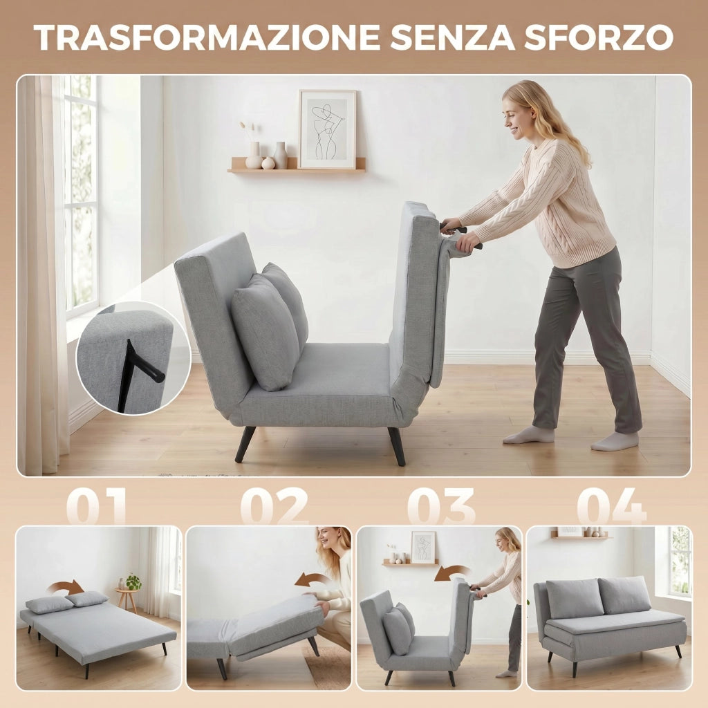 Divano Letto 2 Posti 135x90x78 cm con 2 Cuscini Struttura in Legno e Acciaio in Tessuto Effetto Lino Grigio Chiaro