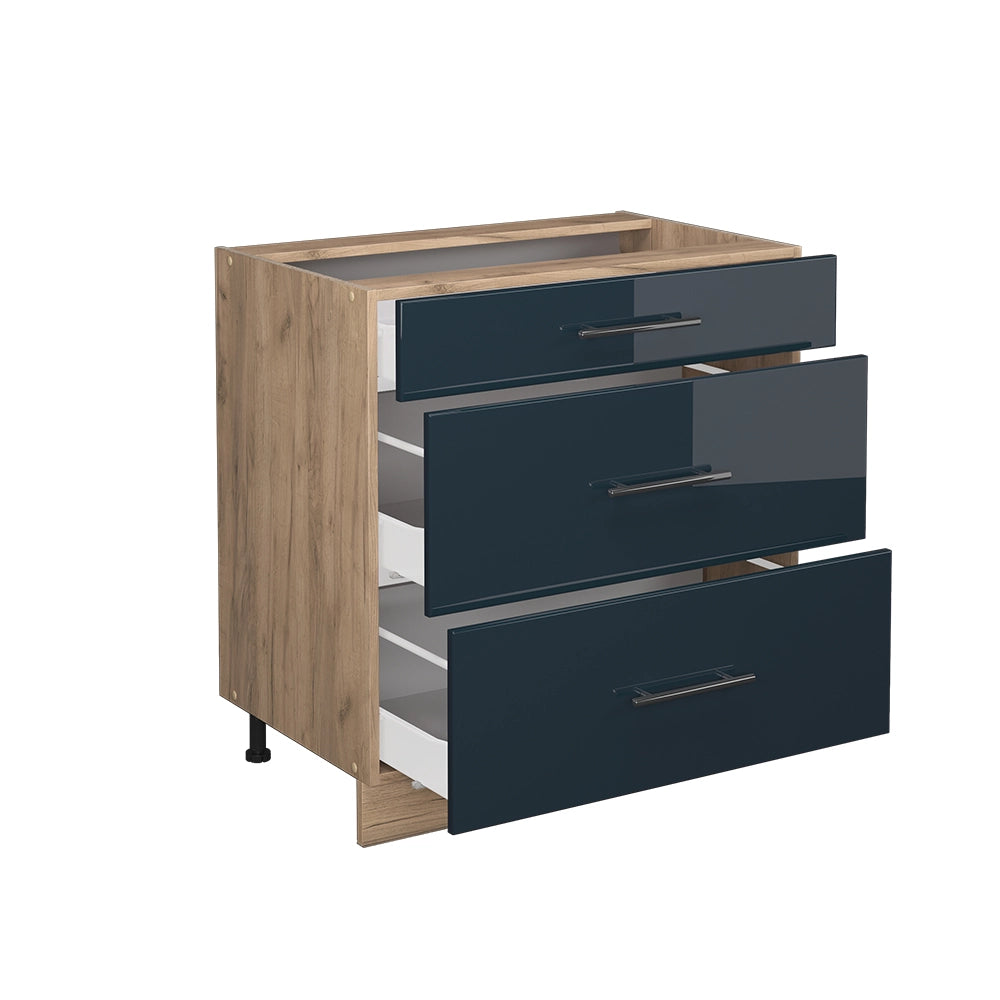 Mobiletto base per cucina Fame-Line Blu scuro lucido/Rovere dorato 80 cm con 3 cassetti, PL Rovere Vicco