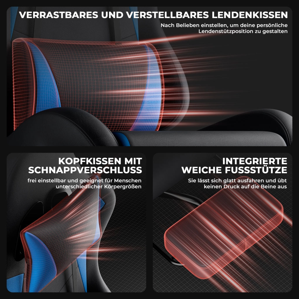 Sedia da gaming ergonomica con supporto lombare, poggiatesta, braccioli collegati e ruote silenziose in PVC nero e blu