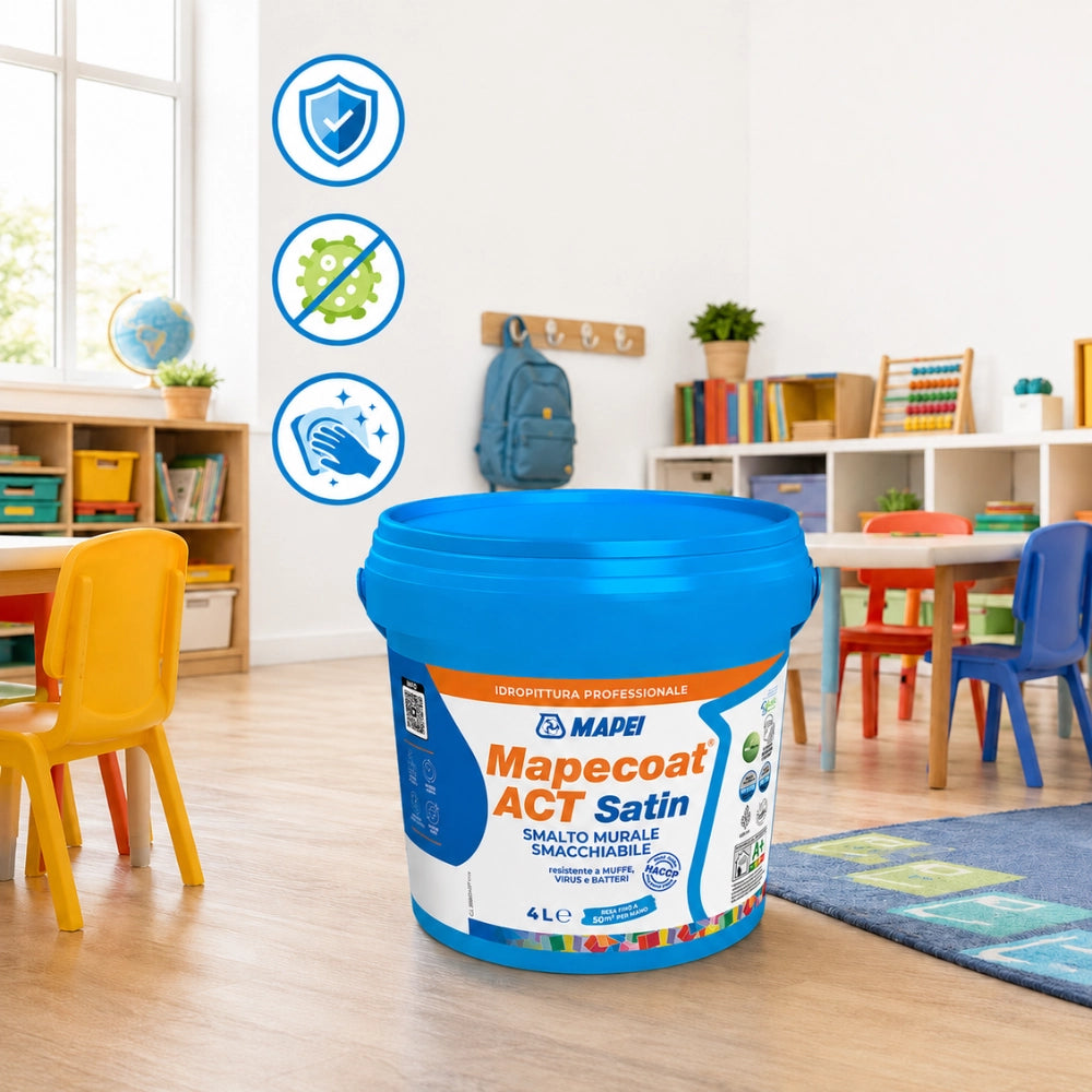 Mapei mapecoat act satin smalto murale lavabile antimuffa e antibatterico *** formato 4 lt, confezione 1