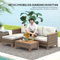 Salotto da Giardino in Rattan PE con Divano 2 Posti, Chaise Longue e Tavolino da Caffè, Crema