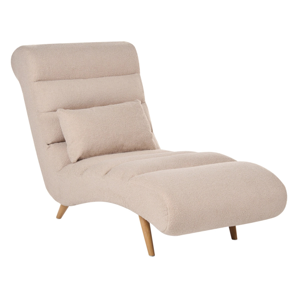 Chaise longue in tessuto bouclè beige per soggiorno, per il relax, con gambe effetto legno, stile scandinavo moderno