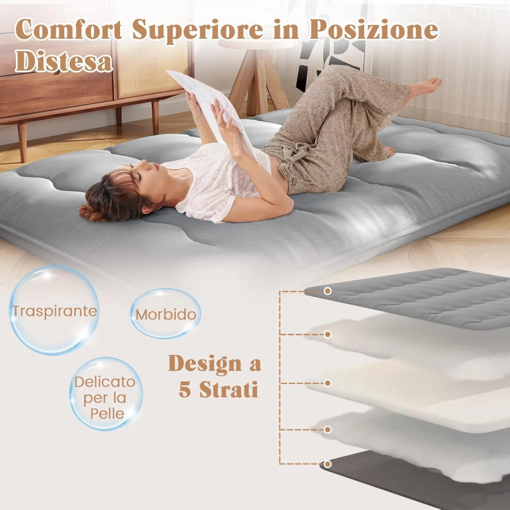 Materasso Futon Pieghevole, Materasso Portatile con Sacca da Trasporto per Camping, Materasso da Terra con Copertura Lavabile (Grigio,200 x 140 cm)