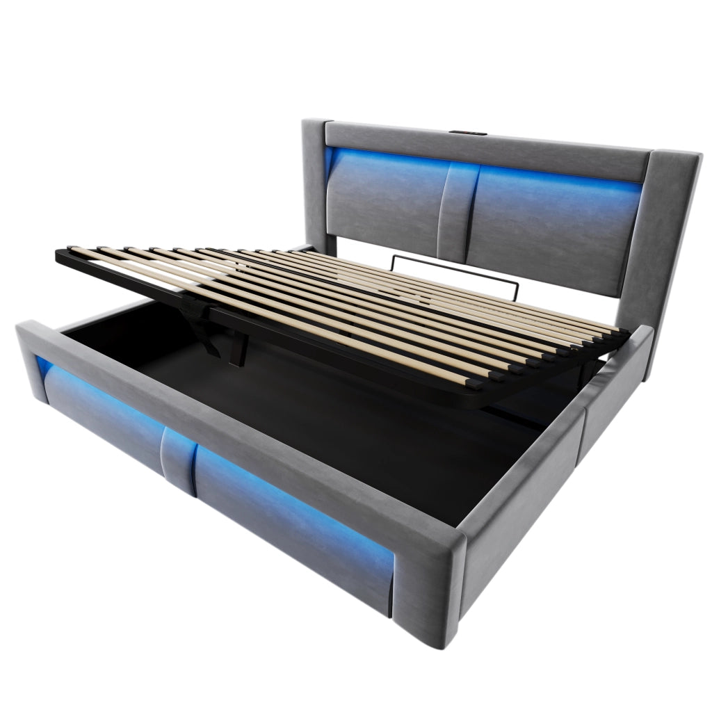 Letti contenitori 160x200 cm con contenitore; LED e ricarica USB; velluto; grigio (Senza materasso)