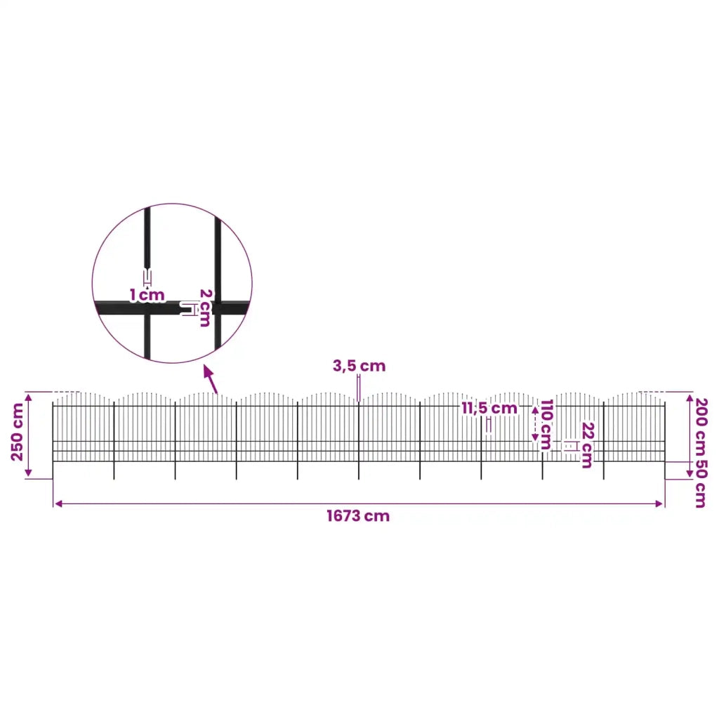 Recinzione da Giardino con Punta a Lancia in Acciaio 1673x200 cm Nero 277757