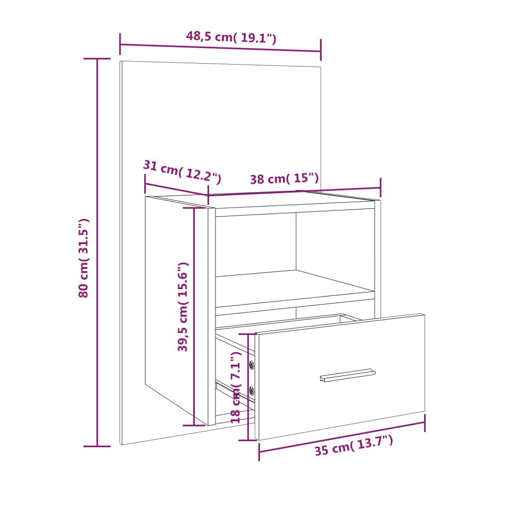 Comodino a Muro-Tavolino da notte sospeso Rovere Marrone 700680