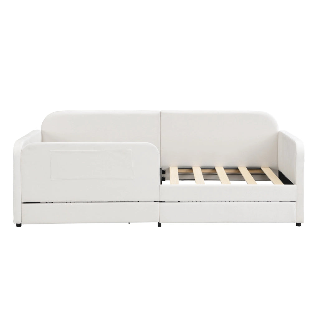 Letto singolo imbottito ULEVR 90x200 cm con 2 cassetti e tasche laterali, velluto bianco