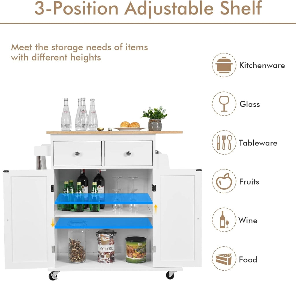 Credenza, Carrello di Servizio con Ruote Regolabile con Portaspezie a 3 Livelli, Armadio in Cucina con 2 Cassetti e 2 Porte, 2 Colori, 88x45x89,5cm