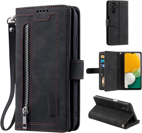 Copriphone per Samsung Galaxy S24, copriphone a scomparto, copriphone in pelle, chiusura a cerniera, chiusura magnetica, portafoglio, 9 slot per carta, standard, vintage, opaca, copriphone in pelle, nero