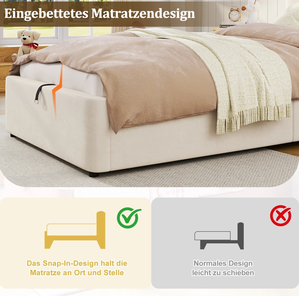 Letto imbottito per bambini beige con vano idraulico
