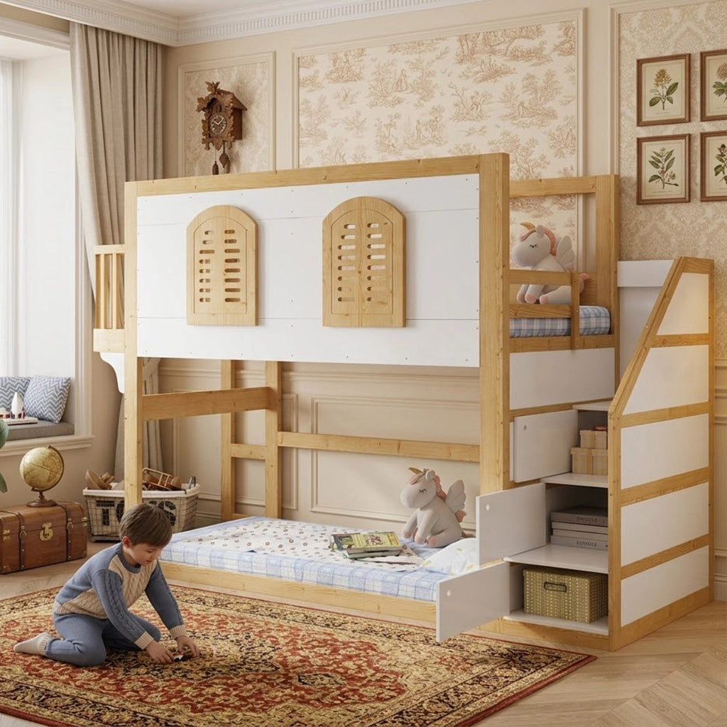 Letto a Soppalco 90 x 200 cm con Scala Contenitore; Area Gioco e Finestra in Legno