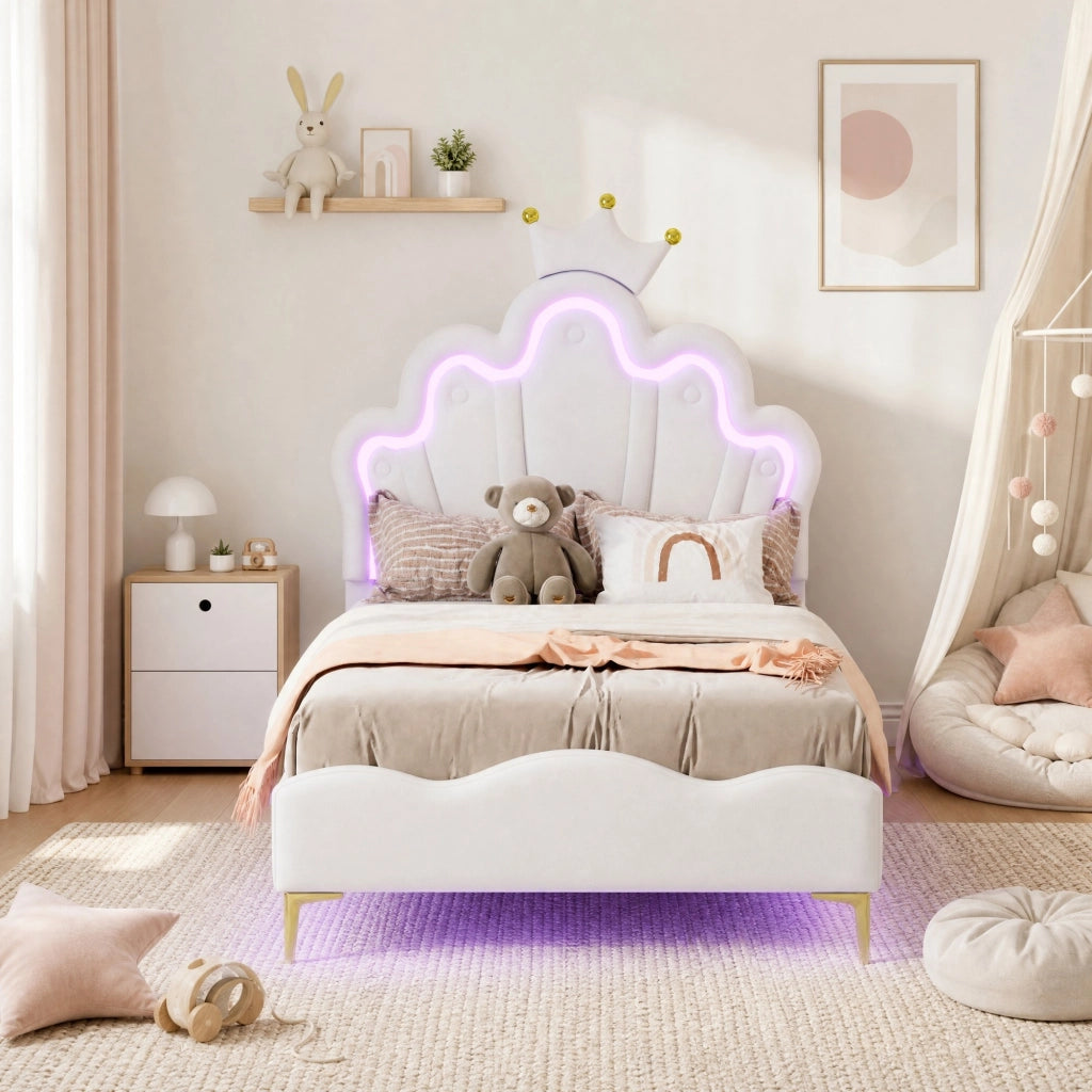 Letto 90x200 cm con corona e LED regolabili, bianco