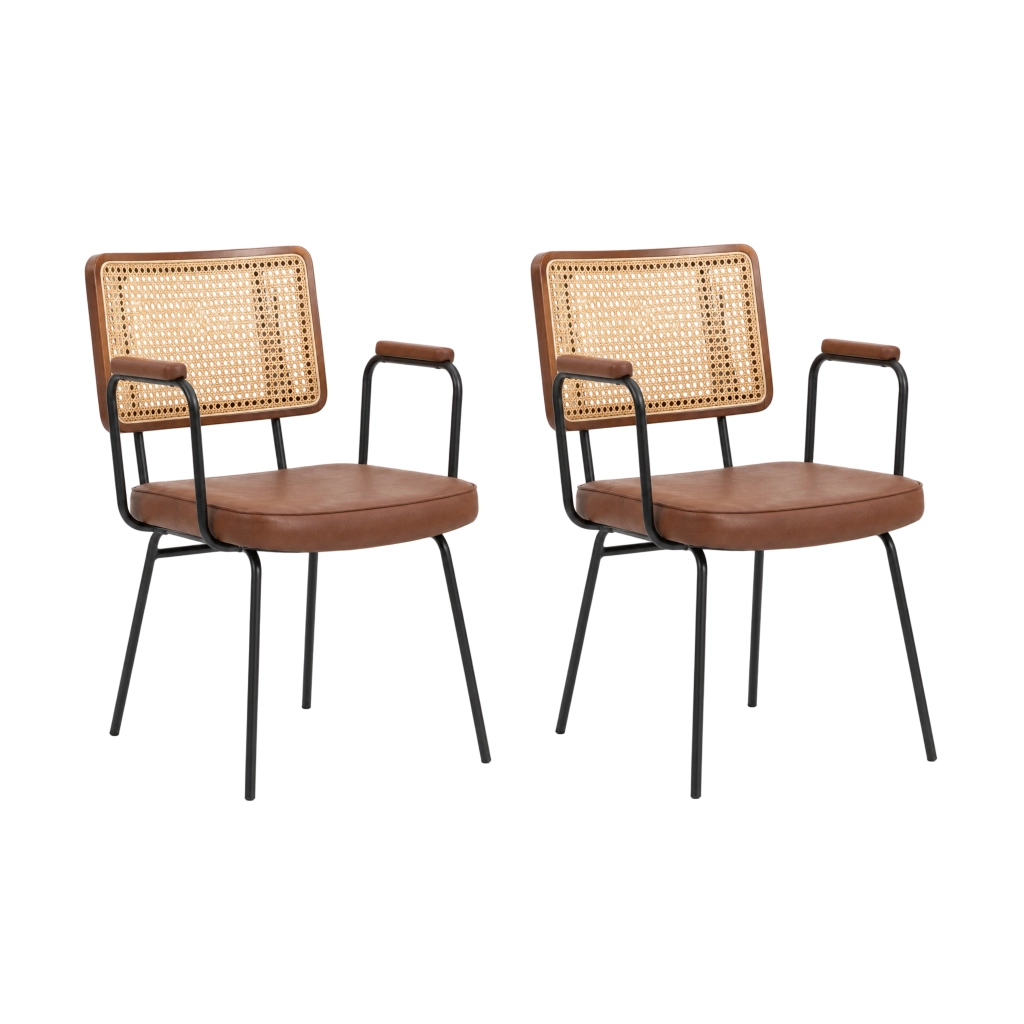 Set di 2 sedie da pranzo 38x57.5x61.5 cm con braccioli; schienale ergonomico in PU e metallo marrone
