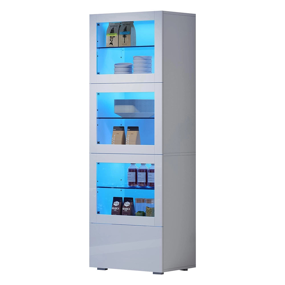 Vetrina 60x40x173 cm con LED - Xylo - 3 ripiani in vetro, ante in acrilico, armadio per soggiorno, bianco