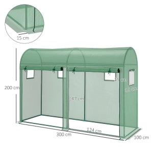 Serra da giardino 300x100x200 cm con porta avvolgibile e 4 finestre, struttura in acciaio e copertura PE verde