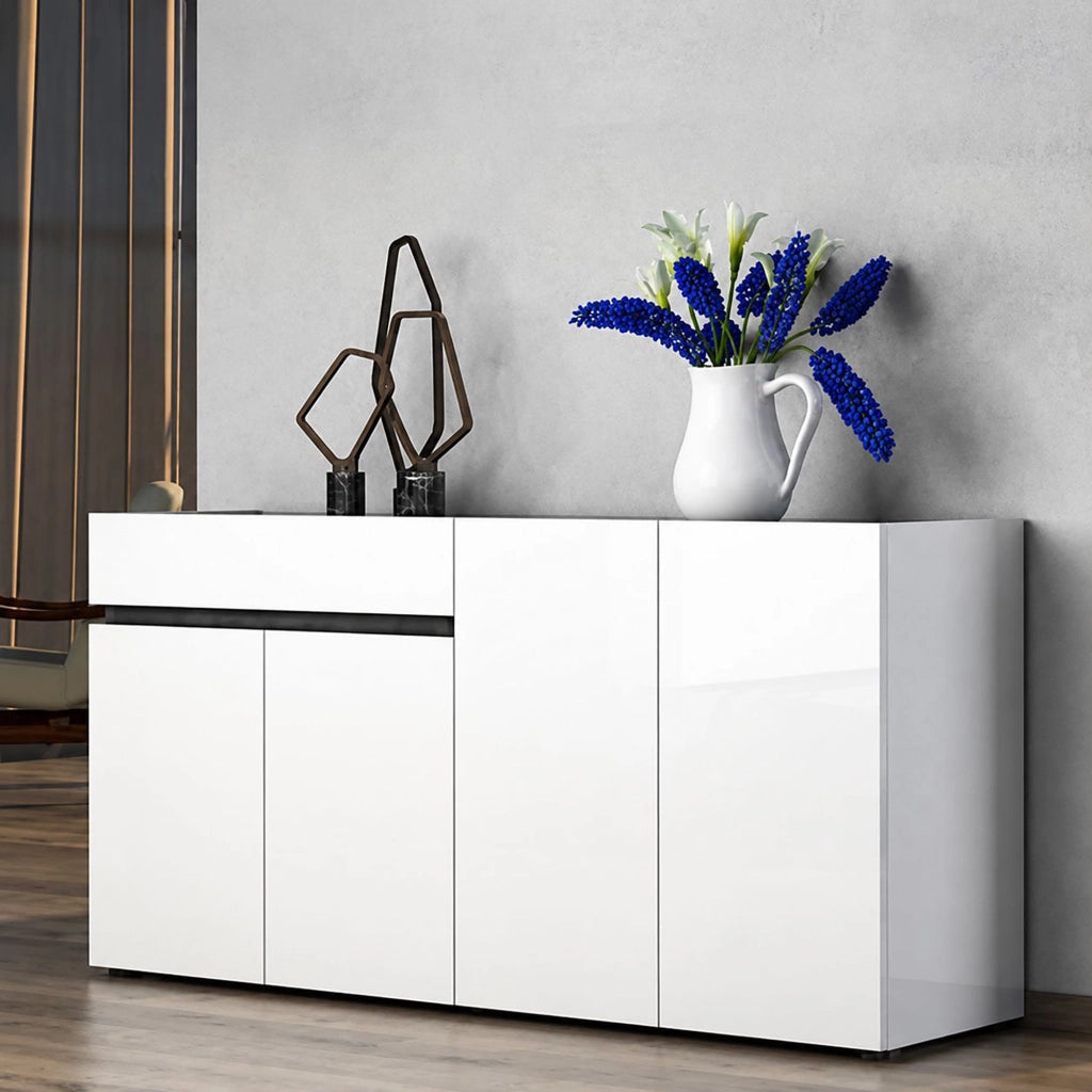 Madia Beinette, Credenza 2 Ripiani Made in Italy, 160x42x80h cm Bianco Lucido