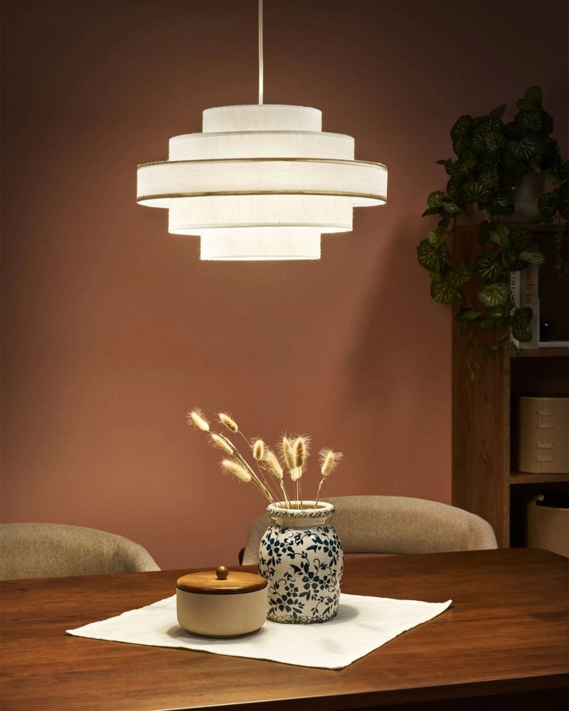 Lampada a sospensione con paralume in tessuto di lino bianco Design moderno Luce per il soggiorno