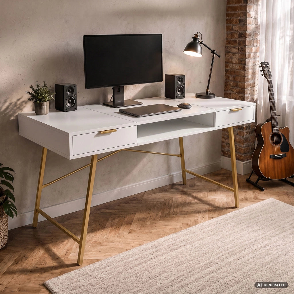 Scrivania industriale per computer Bianca ARDEN 120 cm 2 cassetti 1 ripiano gambe dorate