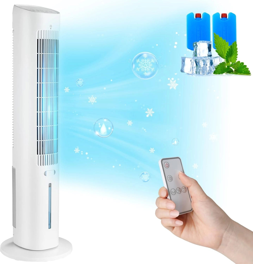 Ventilatore a torre funzione aroma con raffreddamento ad acqua con telecomando ventilatore a piantana 5,5 m/s 3 velocità 4 modalità 12 timer oscillazione 48° raffreddamento umidificazione