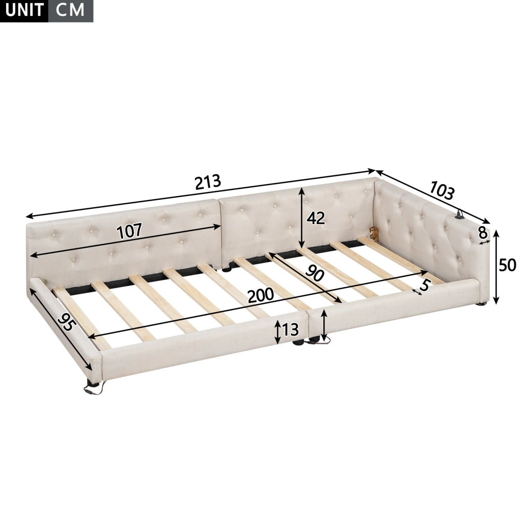 Letto daybed 90x200 cm in lino beige con LED, USB e Type-C